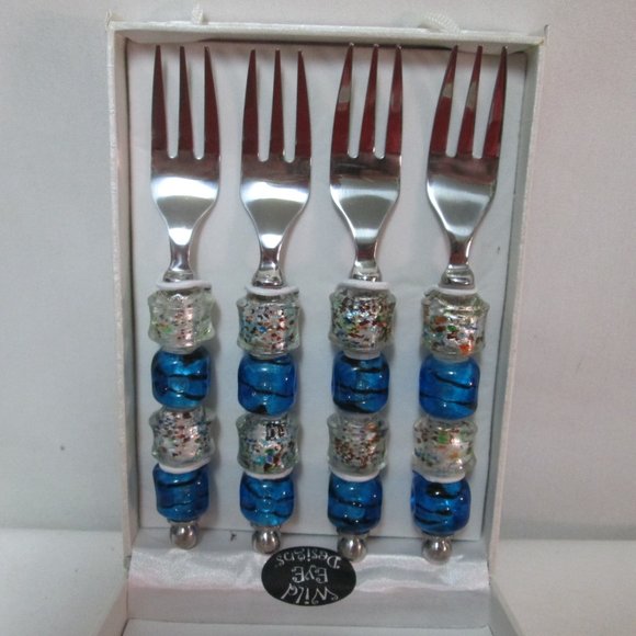 Wild Eye Designs Appetizer Art Glass small Forks silverware blue 2 Sets NEW NIB - Picture 3 of 9